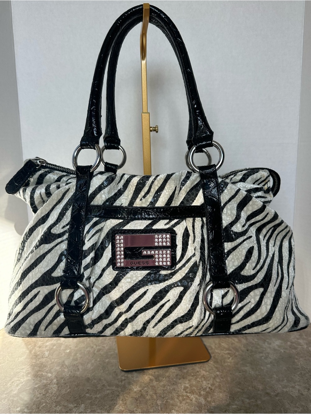 Vintage Guess Y2K Zebra Print Satchel Bag Rhinestone G Logo Glam Punk Rock Tote